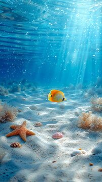 Underwater Scene with Sandy Seabed, Starfish and Tropical Fish