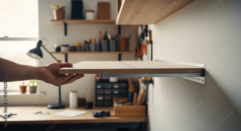 Poster side angle of floating shelf sliding onto hidden metal bracket for a quick toolfree installation met