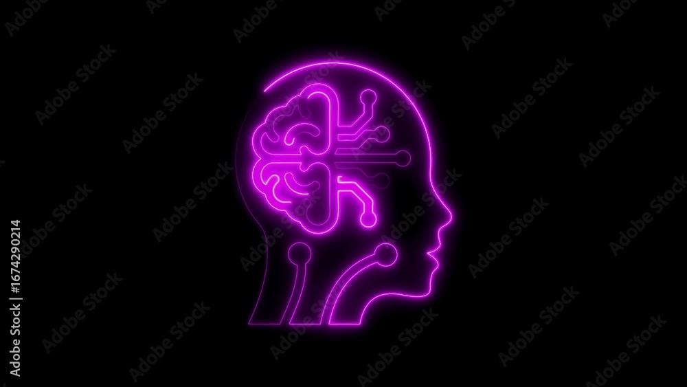 Poster digital neon illustration of artificial intelligence and brain in futuristic technological style