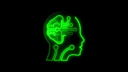 Obraz premium Neon outline illustration of a brain and circuitry integrated into a human profile