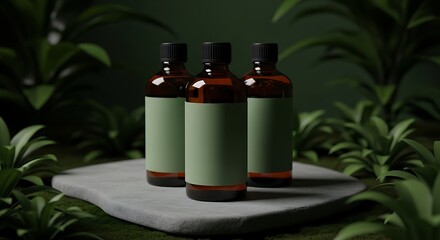 Fototapeta premium Amber Bottles - Botanical Elixir, Dark Moody Product Shot.