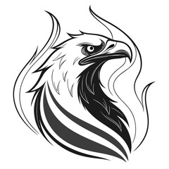 Detailed black and white drawing of an eagle head