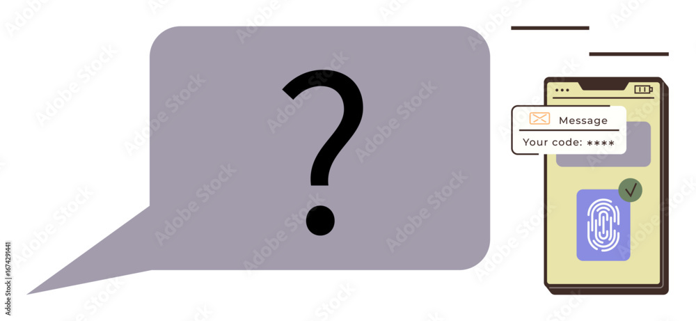 Poster smartphone screen with fingerprint scan, verification code message, checkmark, and question mark in 