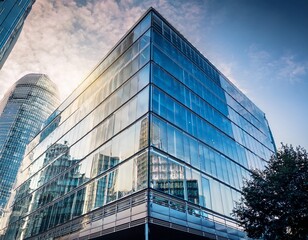 Fototapeta premium modern london office block sleek glass facade reflecting city skyline architectural detail urban landscape workplace property
