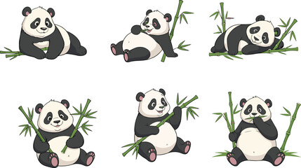 Cute panda cartoon vector illustration set, bamboo eating bear mascot, funny animal character design for kids, wildlife, zoo art