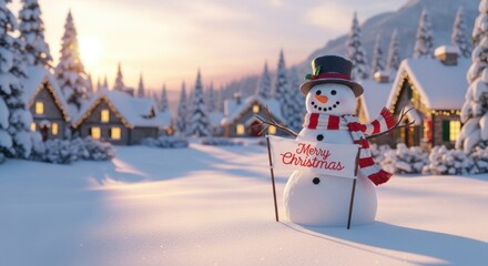 Fototapeta premium A cute snowman in a top hat and striped scarf holds a merry Christmas sign in a snowy village scene at sunrise.