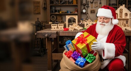 Santa Claus with glasses and white beard holding a golden gift box from a sack of presents in his workshop for New Year and Christmas.