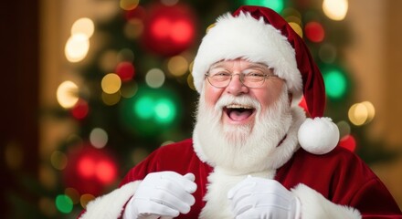 Grinning man portraying Santa Claus with white beard, red hat, and costume. Merry Christmas and happy New Year concept for festive greeting card.
