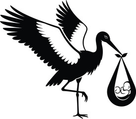 Vector Silhouette Illustration of Flying Stork Carrying Baby in Teardrop Bundle with Raised Leg and Wide Wings on White Background