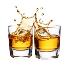 Two Whiskey Glasses Clinking with Liquid Splash Against White Background