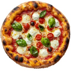 丸いピザトップビュー トマトチーズ バジルとモッツァレラチーズのトッピング