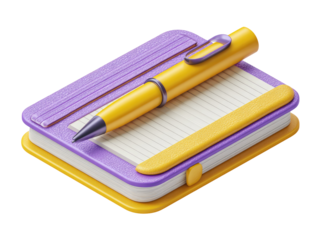 A 3D isometric illustration of a small notebook and pen