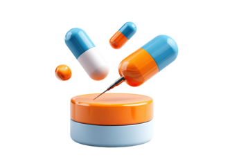 Colorful pills emerging from an orange container