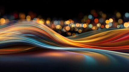 Abstract flowing ribbons of vibrant color, over a dark background with bokeh city lights
