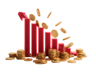 Red bar chart with falling coins