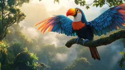 A vibrant toucan stretching its colorful wings on a tree branch
