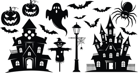 Vector Silhouette Illustration of Halloween Scene with Haunted Houses, Ghosts, Bats, Jack-o'-Lanterns, and Scarecrow on White Background