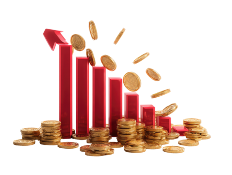 Red bar chart with falling coins