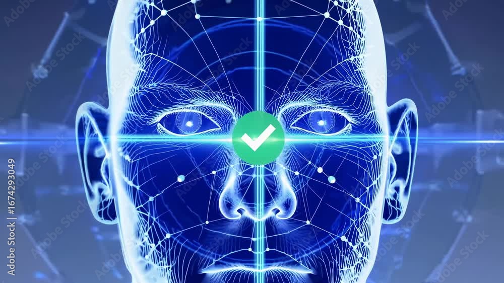 Poster futuristic video concept with a digital face mesh. front-facing angle highlights glowing lines and n