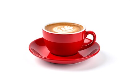 Obraz premium A red coffee cup filled with latte art, sitting on a matching saucer, against a white backdrop