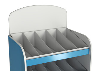 Top rounded part of cardboard retail display rack mockup with shelves and dividers. 3d illustration isolated on white