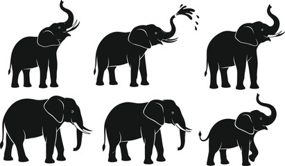 Vector Silhouette Illustration of Six Elephants in Varied Poses Including Walking, Spraying Water, and Juvenile Stance on White Background