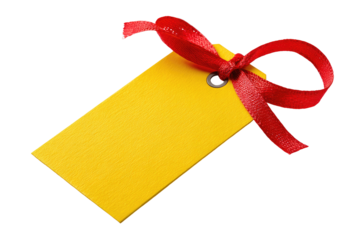 Yellow gift tag with red ribbon