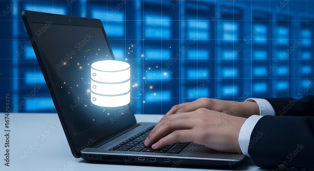 Poster close up of a person s hands typing on a laptop with a glowing database icon floating above the keyb
