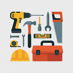 A flat design illustration of construction and DIY tools arranged on a white background