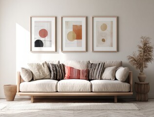 Modern, minimalist living room with abstract art