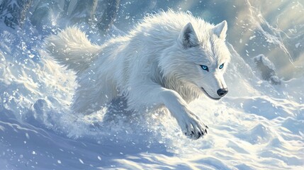 An Arctic wolf prowling through freshly fallen snow