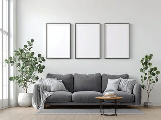 Modern living room with three empty frames