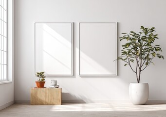 Two blank white framed prints on a light-filled room's wall. A small potted plant sits on a wooden stool next to the frames, and a larger plant is in a light-colored pot in the corner