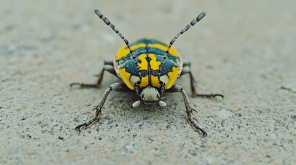 Naklejka premium Closeup of Yellow and Black Beetle Insect on Ground