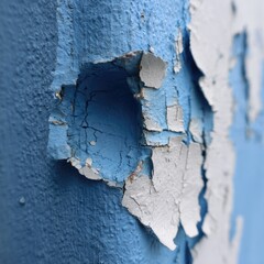 Peeling blue paint on a wall, revealing white underneath.  A hole is visible through the paint