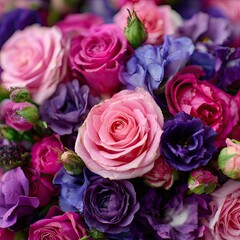 Close-up of a vibrant floral bouquet.  A mix of pink and purple roses, and other flowers, create a stunning visual display.  Soft, pastel colors and rich textures fill the frame