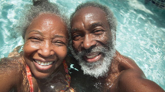 Joyful senior black couple woman and man swim in clear water with a radiant smile - Powered by Adobe