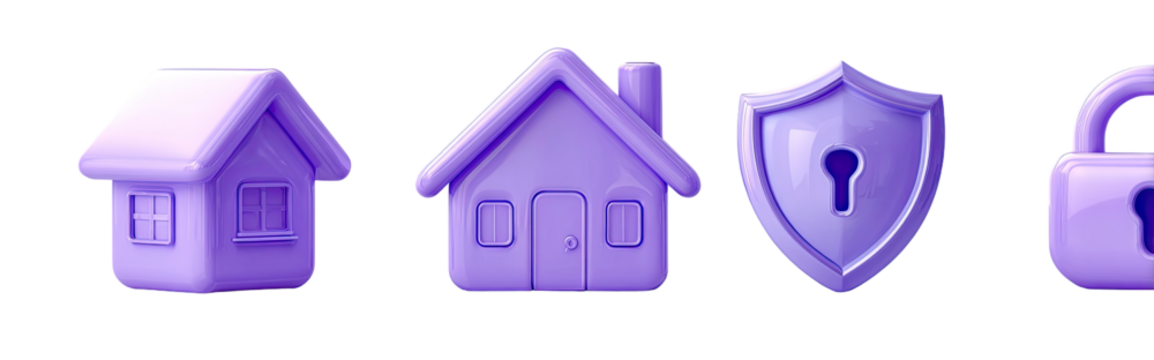 Purple house icons with shield and lock
