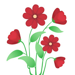 red flowers with green leaf in cartoon style vector