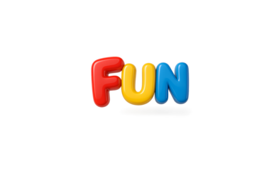 Colorful inflatable balloon letters spelling the word fun in vibrant red yellow and blue isolated on transparent background for party or celebration themes