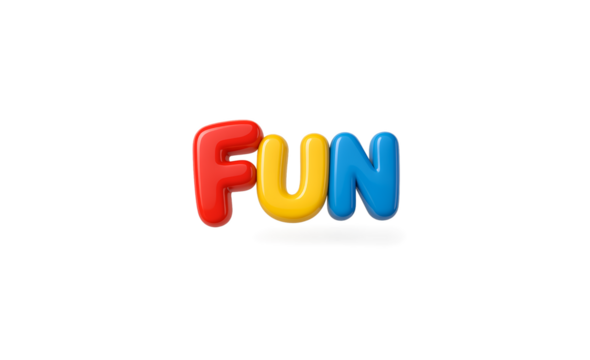 Colorful inflatable balloon letters spelling the word fun in vibrant red yellow and blue isolated on transparent background for party or celebration themes