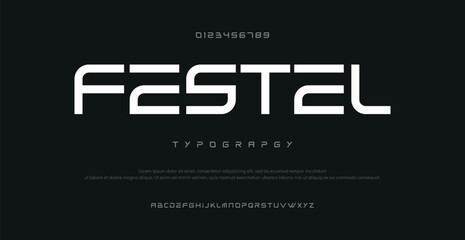Festel Modern Futuristic Display Font Alphabet. Typography abstract minimalist sans serif technology, electronic, digital, music, movie, creative logos fonts. vector illustration