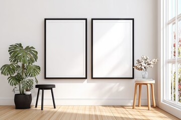 Two framed prints on a white wall, minimalist aesthetic.  Sunlight streams in from window.  Plants and stool add life
