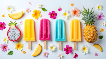 Colorful tropical fruit popsicles with pineapple and dragon fruit slices surrounded by vibrant flowers, evoking fresh and joyful summer vibe