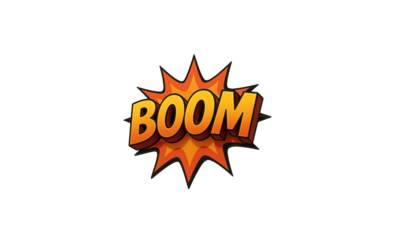 Comic book style boom word art with explosive starburst effect and fiery orange and yellow colors isolated on transparent background