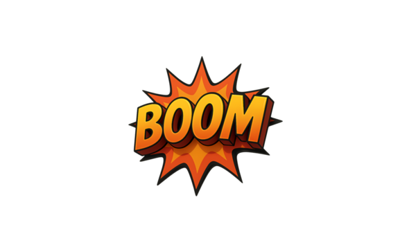 Comic book style boom word art with explosive starburst effect and fiery orange and yellow colors isolated on transparent background