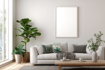 Bright, minimalist living room with a blank canvas