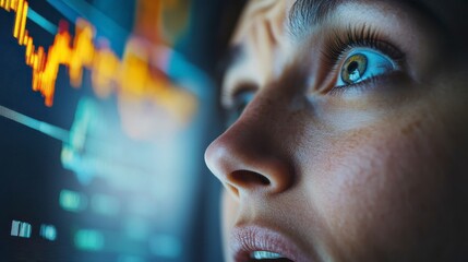 Close-up of a woman's face, eyes wide with concern, looking at a computer screen displaying financial data charts.