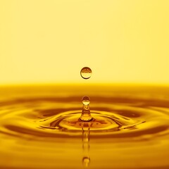 A perfect golden droplet of cosmetic serum or essential oil falling, creating elegant ripples on a yellow surface, symbolizing purity and fluidity