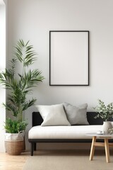 Minimalist living room mockup with a blank frame and plants